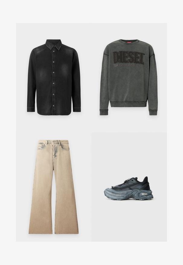 Kohlegrauer Sweatshirt mit langen Ärmeln, gerippten Bündchen und Saum, mit großen schwarzen "DIESEL"-Text und dem kleineren "For Successful Living" darunter.; Schwarze Denim-Hemd mit Button-Down-Kragen, langen Ärmeln und einer vorderen Knopfleiste. Verfügt über dezente Verblassungen und eine taillierte Passform.; Beige weite Jeans mit verblichener Textur, Fünf-Taschen-Design und genähten Details entlang der Nähte. Der Bund hat einen klassischen Knopfverschluss.; Schwarz- und graue Diesel-Sneaker mit dicker Sohle, Schnürverschluss und strukturiertem Design auf einem schlichten hellgrauen Hintergrund.