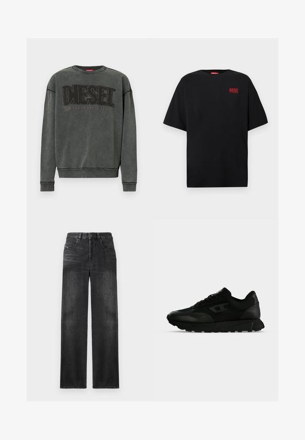 Sweat-shirt à manches longues gris charbon avec des poignets et un ourlet côtelés, affichant un grand texte noir "DIESEL" et "Pour une Vie Réussie" en plus petit en dessous.; T-shirt noir en coton, avec des manches courtes, un col rond, et un logo rouge "DIESEL" sur le côté gauche de la poitrine.; Jeans noirs droits en denim, dotés de cinq poches, passants de ceinture et d'un léger délavage sur le tissu pour une texture.; Baskets basses noires avec cuir texturé et panneaux en tissu, fermeture lacets et semelle épaisse en caoutchouc sur un fond clair uni.