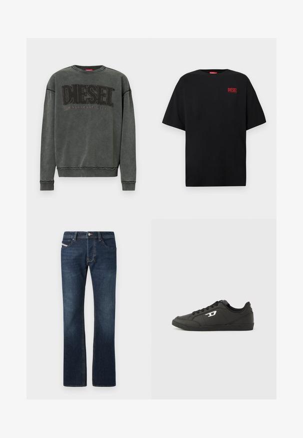 Sudadera de manga larga en gris carbón con puños y dobladillo acanalados, que presenta un gran texto negro "DIESEL" y debajo, en menor tamaño, "For Successful Living".; Camiseta negra de algodón, con mangas cortas, cuello redondo y un logo rojo de "DIESEL" en la zona izquierda del pecho.; Jeans de mezclilla azul oscuro con corte recto, cinco bolsillos y detalles de costura sutiles. Cuenta con cierre de botón metálico y cremallera.; Zapatillas deportivas negras sintéticas con suela negra texturizada, puntera redonda y cordones planos negros. Destaca un logo blanco en el lateral exterior.