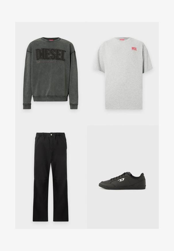 Sudadera de manga larga en gris carbón con puños y dobladillo acanalados, que presenta un gran texto negro "DIESEL" y debajo, en menor tamaño, "For Successful Living".; Camiseta de algodón gris con cuello redondo y mangas cortas. Presenta un pequeño logo rojo "DIESEL" en el pecho. Textura suave.; Pantalones negros de algodón con una cintura elástica, que cuentan con un diseño de pierna recta, textura suave y sin acentos ni patrones visibles.; Zapatillas deportivas negras sintéticas con suela negra texturizada, puntera redonda y cordones planos negros. Destaca un logo blanco en el lateral exterior.