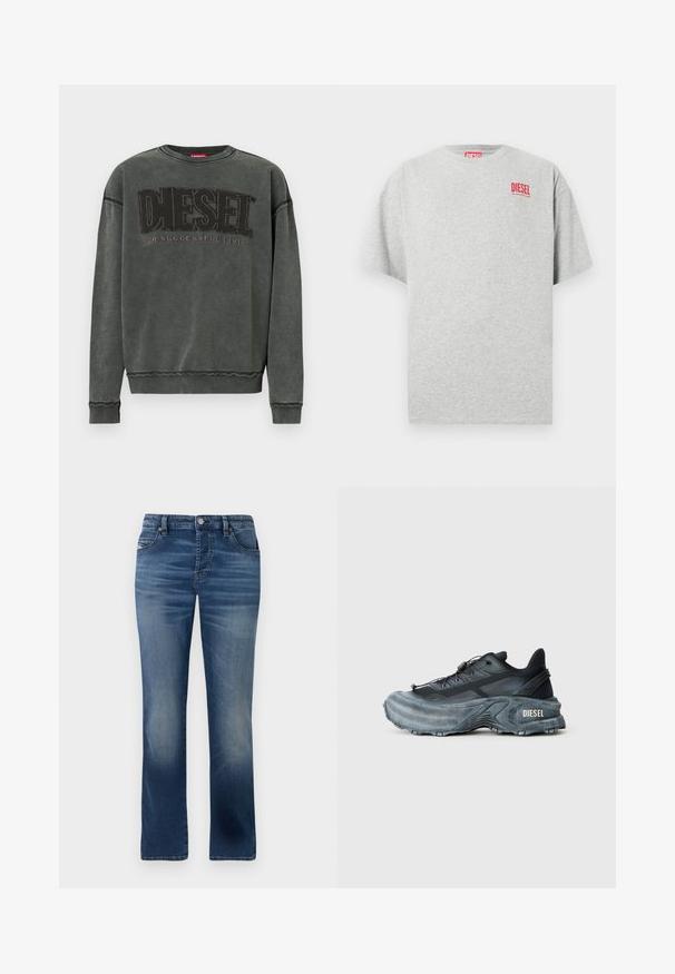 Hematietgrijze sweatshirt met lange mouwen, ribgebreide boorden en onderrand, met grote zwarte tekst "DIESEL" en daaronder kleinere tekst "For Successful Living".; Grijs katoenen T-shirt met een ronde hals en korte mouwen. Voorzien van een klein rood "DIESEL" logo op de borst. Soepele textuur.; Donkerblauwe denim jeans met een rechte pijp, voorzien van zijzakken, subtiele vervaging en een klassieke knoopsluiting bij de taille.; Zwarte en grijze Diesel sneakers met dikke zool, vetersluiting en gestructureerd ontwerp op een effen lichtgrijze achtergrond.