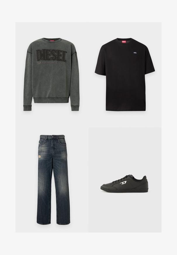 Kulgrå sweatshirt med lange ærmer, ribbede manchetter og kant, prydet med stor sort "DIESEL" tekst og mindre "For Successful Living" nedenunder.; Sort Diesel T-shirt med korte ærmer, med lille hvid "DIESEL"-logo på venstre bryst og rød Diesel-mærkat på indersiden af kraven.; Blå denimjeans med løs pasform, med slidte detaljer og en falmet vask, fem lommer og lynlåslukning.; Sorte syntetiske sneakers med en struktureret sort sål, rund tå og flade sorte snørebånd. Fremtrædende hvidt logo på ydersiden.