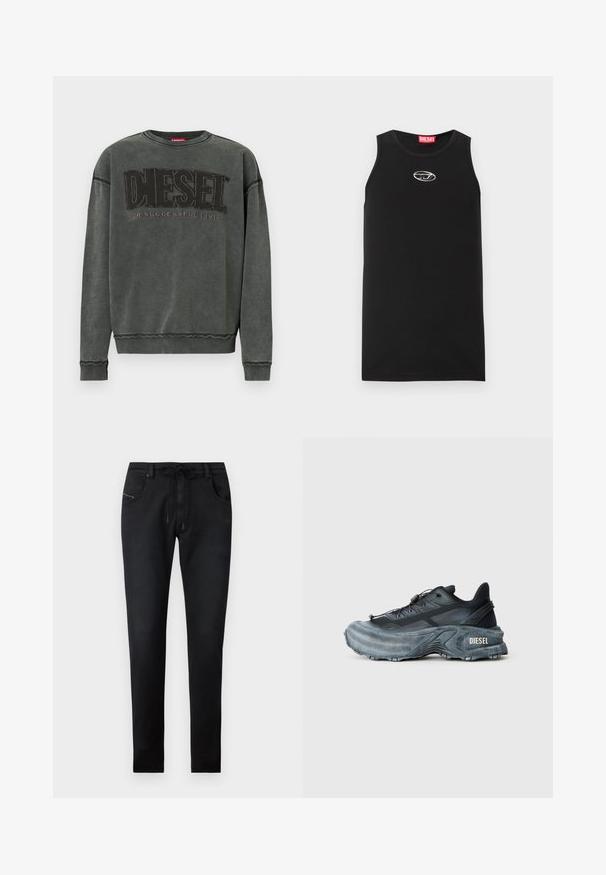 Sudadera de manga larga en gris carbón con puños y dobladillo acanalados, que presenta un gran texto negro "DIESEL" y debajo, en menor tamaño, "For Successful Living".; Camiseta sin mangas negra hecha de algodón. Presenta un escote redondo y un pequeño logo blanco de Diesel en el pecho. Textura suave.; Pantalones de mezclilla negra con corte ajustado, que cuentan con una cintura con cordón, dos bolsillos frontales y detalles de costura sutiles. Textura suave.; Zapatilla Diesel en negro y gris con suela gruesa, cierre de cordón y diseño texturizado sobre un fondo liso de color gris claro.