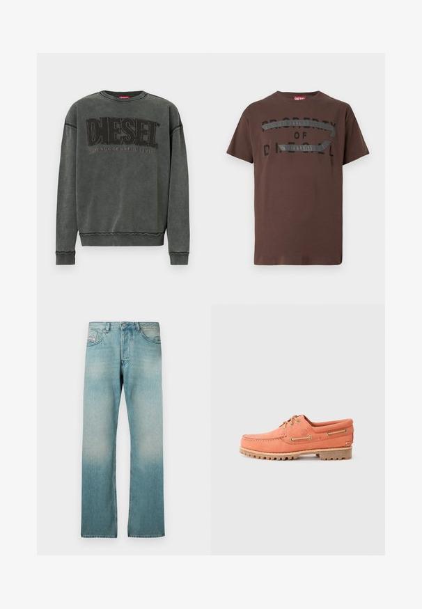 Kulgrå sweatshirt med lange ærmer, ribbede manchetter og kant, prydet med stor sort "DIESEL" tekst og mindre "For Successful Living" nedenunder.; Brun bomulds-T-shirt med sort grafisk tekst "PROPERTY OF D" og et tekstureret gråt element hen over brystet. Korte ærmer, afslappet pasform.; Lyseblå cowboybukser i denim med en falmet vask, lige ben, fem-lomme design og knaplukning. Har kontrastsyninger som detalje.; Orange læder bådsko med en mokkastil design, rund tå, brune snørebånd og gummisål med grebsgroove.