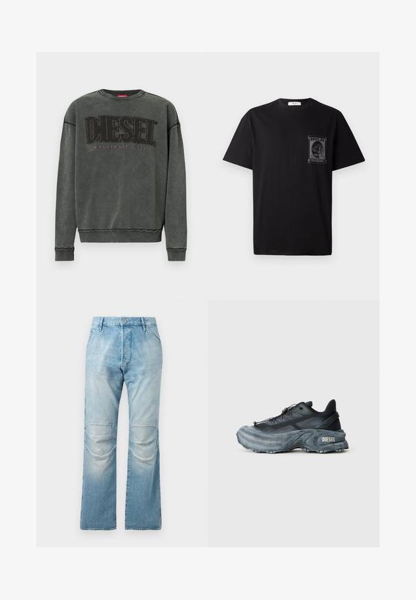 Kivihall pikka varrukaga sweatshirt ribitud randmete ja heljega, millel on suur must "DIESEL" tekst ja väiksem "For Successful Living" allpool.; Mustad must T-särk lühikeste varrukatega, millel on graafiline print vasakul rinnal ja väike punane aktsent kaeluse lähedal.; Heledad sinine, kõrge vööga sirge lõikega teksad, millel on põlvekohad ja pleekinud tekstuur. Vöökoha metallist nööbikinnitus.; Mustade ja hallid Diesel ketsid paksu tallaga, nööriga lukuga ja tekstuurse mustriga, tavalise heleda halli tausta ees.
