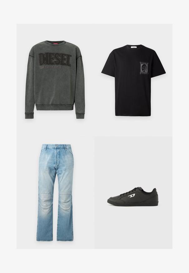 Kohlegrauer Sweatshirt mit langen Ärmeln, gerippten Bündchen und Saum, mit großen schwarzen "DIESEL"-Text und dem kleineren "For Successful Living" darunter.; Schwarz Baumwoll-T-Shirt mit kurzen Ärmeln, ausgestattet mit einem grafischen Druck auf der linken Brust und einem kleinen roten Akzent am Halsauschnitt.; Helle blaue, hochgeschnittene Jeans mit geradem Schnitt, ausgestattet mit Knieflicken und einer ausgewaschenen Textur. Metallknopfverschluss an der Taille.; Schwarze Sneakers aus synthetischem Material mit einer strukturierten schwarzen Sohle, rundem Zehenbereich und flachen schwarzen Schnürsenkeln. Auffälliges weißes Logo auf der Außenseite.