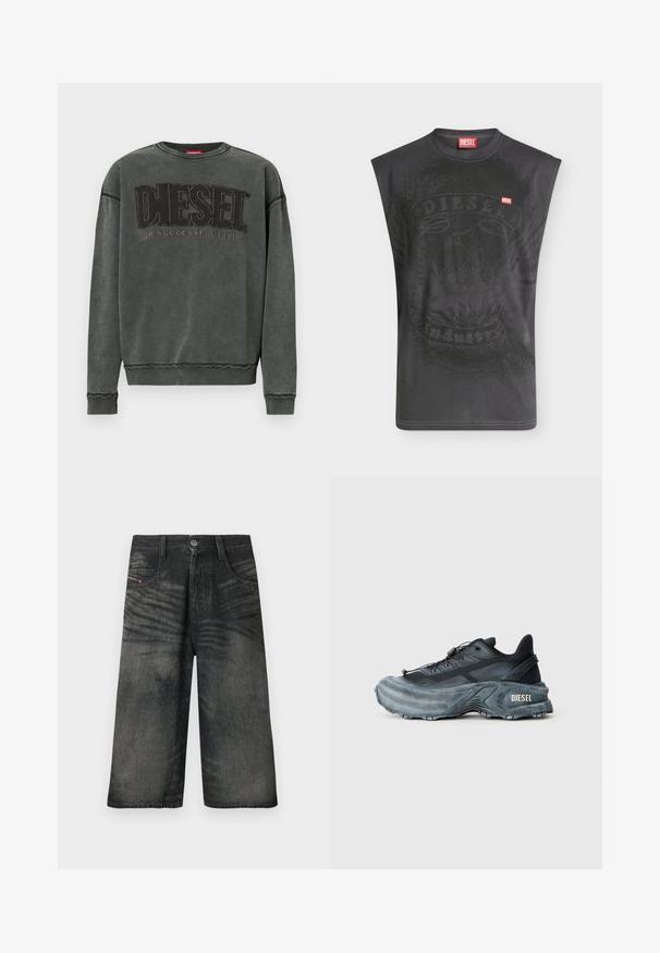 Sudadera de manga larga en gris carbón con puños y dobladillo acanalados, que presenta un gran texto negro "DIESEL" y debajo, en menor tamaño, "For Successful Living".; Camiseta sin mangas negra de Diesel con un sutil gráfico de águila y un pequeño parche rojo con el logo de Diesel en el pecho.; Pantalones cortos de mezclilla negros de pierna ancha con botón frontal, cremallera, presillas para cinturón y detalles con textura descolorida.; Zapatilla Diesel en negro y gris con suela gruesa, cierre de cordón y diseño texturizado sobre un fondo liso de color gris claro.