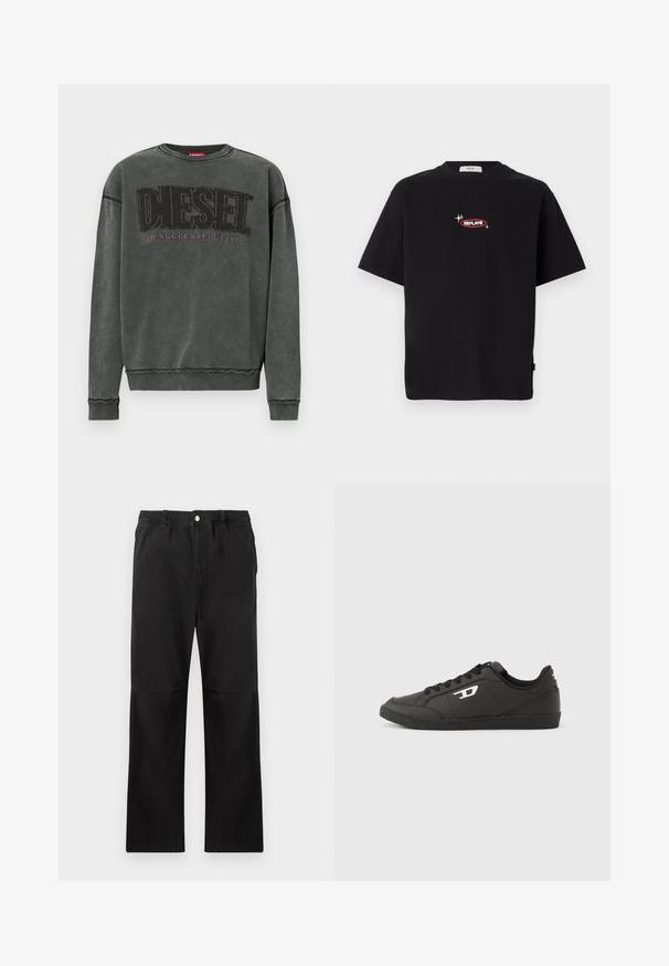 Sudadera de manga larga en gris carbón con puños y dobladillo acanalados, que presenta un gran texto negro "DIESEL" y debajo, en menor tamaño, "For Successful Living".; Camiseta negra de manga corta con pequeño logo "REPLAY®" en blanco y rojo rodeado de destellos en el pecho.; Pantalones negros de algodón con una cintura elástica, que cuentan con un diseño de pierna recta, textura suave y sin acentos ni patrones visibles.; Zapatillas deportivas negras sintéticas con suela negra texturizada, puntera redonda y cordones planos negros. Destaca un logo blanco en el lateral exterior.