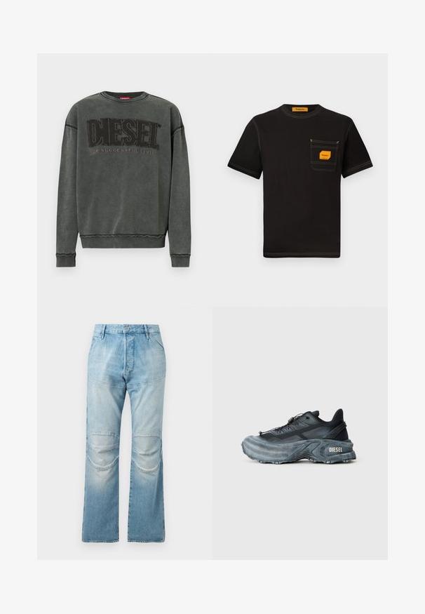 Sudadera de manga larga en gris carbón con puños y dobladillo acanalados, que presenta un gran texto negro "DIESEL" y debajo, en menor tamaño, "For Successful Living".; Camiseta de algodón negra con cuello redondo, mangas cortas y un bolsillo frontal con una etiqueta naranja y detalles de costura en contraste.; Jeans de corte recto de talle alto en azul claro, con parches en las rodillas y una textura desgastada. Cierre de botón metálico en la cintura.; Zapatilla Diesel en negro y gris con suela gruesa, cierre de cordón y diseño texturizado sobre un fondo liso de color gris claro.