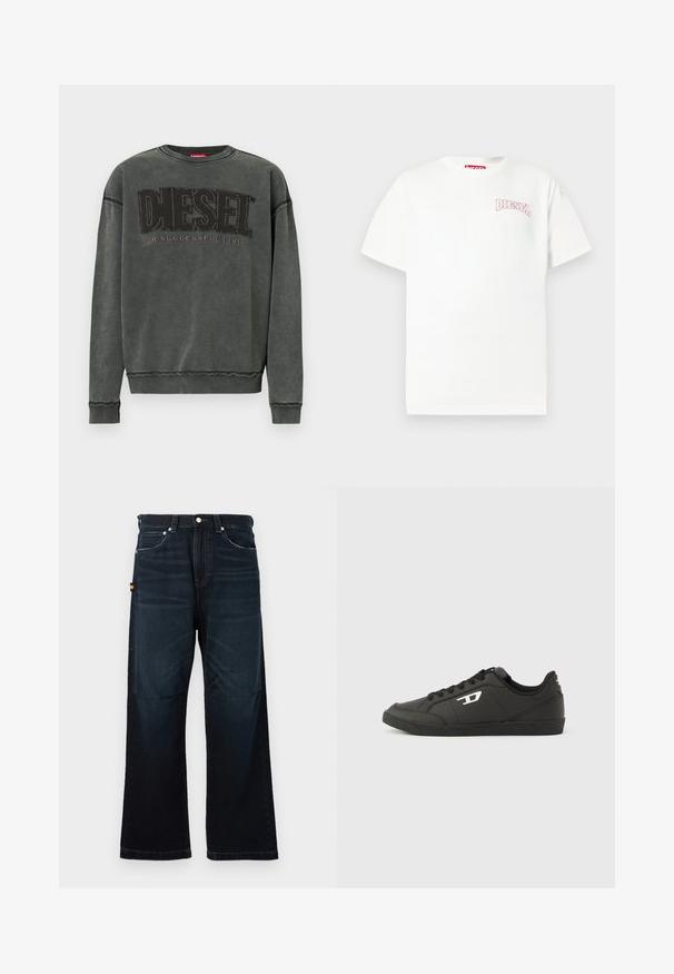 Sudadera de manga larga en gris carbón con puños y dobladillo acanalados, que presenta un gran texto negro "DIESEL" y debajo, en menor tamaño, "For Successful Living".; Camiseta blanca de algodón con mangas cortas, que presenta un logo "DIESEL" bordado en rosa en el pecho izquierdo y un cuello redondo clásico.; Vaqueros rectos de color azul oscuro con diseño clásico de cinco bolsillos, trabillas para el cinturón y sutiles detalles desgastados en la parte frontal y las rodillas.; Zapatillas deportivas negras sintéticas con suela negra texturizada, puntera redonda y cordones planos negros. Destaca un logo blanco en el lateral exterior.