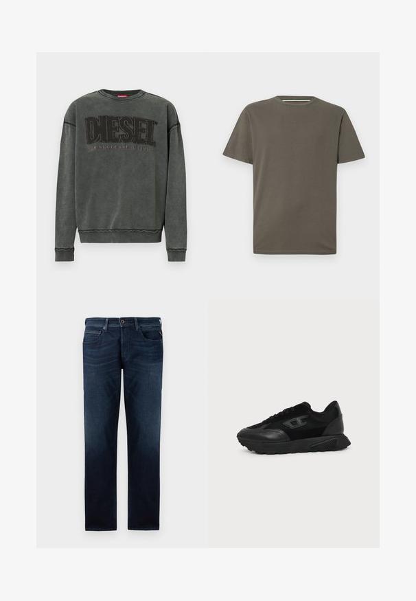 Kulgrå sweatshirt med lange ærmer, ribbede manchetter og kant, prydet med stor sort "DIESEL" tekst og mindre "For Successful Living" nedenunder.; Mørkeolivengrøn T-shirt lavet af bomuld. Den har rund halsudskæring, korte ærmer og et diskret præget logo på brystet.; Mørkeblå denimjeans med lige ben-design, fem-lomme stil og en synlig knaplukning i livet. Glat tekstur.; Sort lavt snøresko med struktureret sål, mesh- og læderoverdel, snørebånd foran og et lille præget logo på sidepanelet.