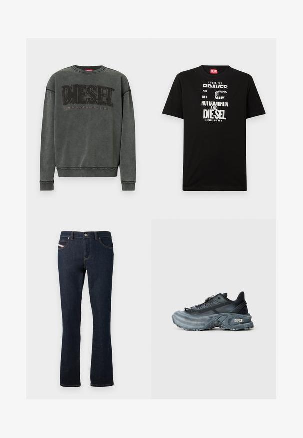 Sweat-shirt à manches longues gris charbon avec des poignets et un ourlet côtelés, affichant un grand texte noir "DIESEL" et "Pour une Vie Réussie" en plus petit en dessous.; T-shirt noir en coton avec des graphismes textuels blancs audacieux, incluant "DIESEL" et "INDUSTRY", avec un col rond et des manches courtes.; Jean en denim bleu marine à coupe droite, avec des coutures orange, une fermeture à bouton en métal et un petit logo sur la poche arrière.; Baskets Diesel noires et grises avec semelle épaisse, système de laçage à bascule et design texturé sur fond gris clair uni.