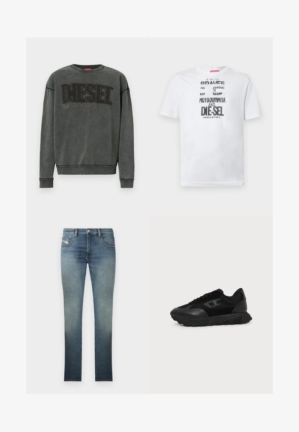 Kohlegrauer Sweatshirt mit langen Ärmeln, gerippten Bündchen und Saum, mit großen schwarzen "DIESEL"-Text und dem kleineren "For Successful Living" darunter.; Weißes Baumwoll-T-Shirt mit fetter schwarzer Typografie und den Worten "BRAVES" und "DIE-SEL INDUSTRY" sowie einem halbtransparenten Cutout-Design.; Slim-Fit Jeans in einer ausgewaschenen blauen Waschung, mit einem Fünf-Taschen-Design, Metallknopfverschluss und Kontrastnähten. Leicht verwaschene Textur.; Schwarzer Low-Top-Sneaker mit strukturierter Sohle, Mesh- und Lederoberseite, Schnürung vorne und kleinem eingeprägtem Logo auf dem Seitenpanel.