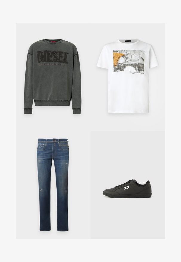 Kulgrå sweatshirt med lange ærmer, ribbede manchetter og kant, prydet med stor sort "DIESEL" tekst og mindre "For Successful Living" nedenunder.; Hvid T-shirt med korte ærmer med sort-hvidt motorcykelmotiv, orange leopardmønstret stof og teksten "Replay Custom Garage" på forsiden.; Mørkeblå denim jeans med lige ben, med slidte områder, subtile falmninger og traditionelt fem-lommes design med knaplukning.; Sorte syntetiske sneakers med en struktureret sort sål, rund tå og flade sorte snørebånd. Fremtrædende hvidt logo på ydersiden.