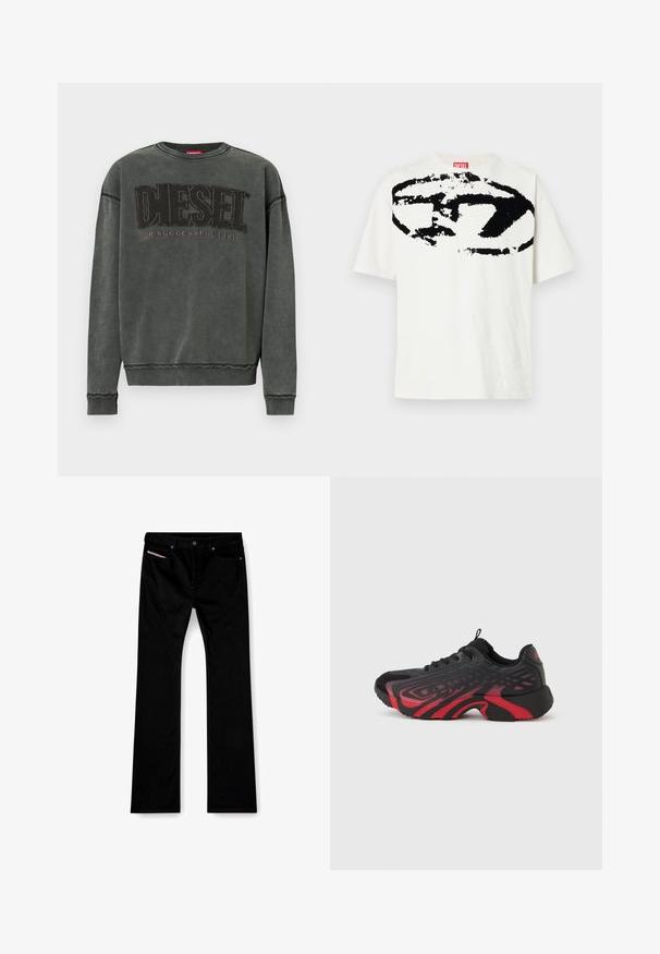 Kulgrå sweatshirt med lange ærmer, ribbede manchetter og kant, prydet med stor sort "DIESEL" tekst og mindre "For Successful Living" nedenunder.; Hvid bomulds T-shirt med et stort sort grafisk logo på fronten. Designet inkluderer abstrakte former og teksturer. Korte ærmer.; Sorte straight-leg jeans med frontknap og lynlås, for- og baglommer samt en hvid etiket synlig i den højre forlomme.; Sort og rød atletik sko med tekstureret overdel med mønsterdetaljer, snørelukning og tyk gummisål.