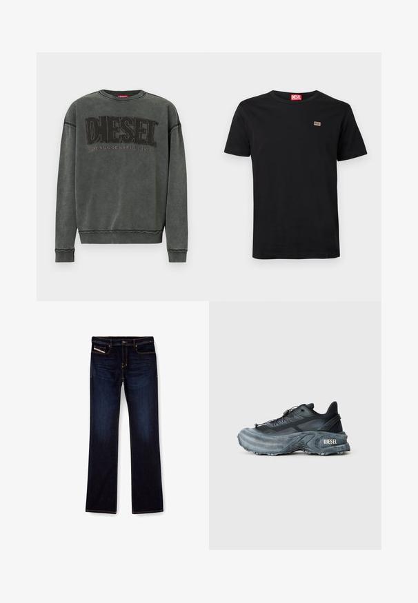 Sudadera de manga larga en gris carbón con puños y dobladillo acanalados, que presenta un gran texto negro "DIESEL" y debajo, en menor tamaño, "For Successful Living".; Camiseta negra de manga corta hecha de algodón con cuello redondo. Presenta un pequeño parche con la marca en el área del pecho izquierdo.; Jeans de mezclilla de color azul oscuro con corte recto, con costuras naranjas, cremallera en la bragueta y bolsillos delanteros. Textura suave y cinturilla estándar.; Zapatilla Diesel en negro y gris con suela gruesa, cierre de cordón y diseño texturizado sobre un fondo liso de color gris claro.