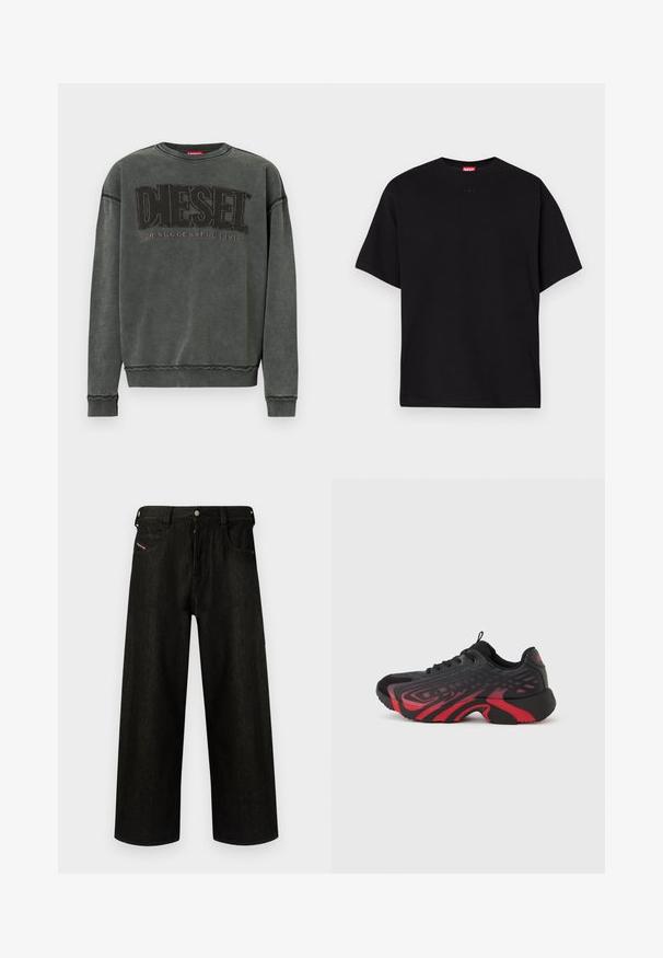 Sweat-shirt à manches longues gris charbon avec des poignets et un ourlet côtelés, affichant un grand texte noir "DIESEL" et "Pour une Vie Réussie" en plus petit en dessous.; T-shirt en coton noir avec un col rond, des manches courtes et un petit logo embossé à l'avant. Texture lisse, design décontracté.; Jean noir à jambes larges en denim, présentant une fermeture éclair, cinq poches et un branding discret sur la poche avant. Tissu durable et texturé.; Chaussure de sport noire et rouge avec une tige texturée ornée de motifs, fermeture à lacets et semelle épaisse en caoutchouc.