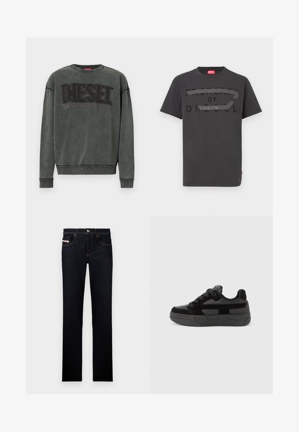 Kohlegrauer Sweatshirt mit langen Ärmeln, gerippten Bündchen und Saum, mit großen schwarzen "DIESEL"-Text und dem kleineren "For Successful Living" darunter.; Graues Baumwoll-T-Shirt mit fettem schwarzem Text "PROPERTY OF D.I.E.S.E.L.", glatter Textur und kurzen Ärmeln.; Dunkelblaue Jeans aus Denim mit geradem Bein, mit orangefarbener Naht und einem Label auf der Vordertasche. Mit Metallknopfverschluss.; Schwarzer Sneaker mit einer Mischung aus glatten und strukturierten Materialien, ausgestattet mit einer runden Spitze, dicker Sohle und Schnürverschluss. Minimalistisches Design mit Akzenten.
