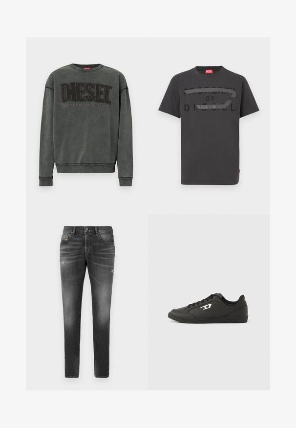 Kulgrå sweatshirt med lange ærmer, ribbede manchetter og kant, prydet med stor sort "DIESEL" tekst og mindre "For Successful Living" nedenunder.; Grå bomulds-T-shirt med fed sort tekst, der lyder "PROPERTY OF D.I.E.S.E.L.", med en glat tekstur og korte ærmer.; Grå denimjeans med slim fit, der har let slidte kanter, distressed detaljer og traditionel knaplukning.; Sorte syntetiske sneakers med en struktureret sort sål, rund tå og flade sorte snørebånd. Fremtrædende hvidt logo på ydersiden.