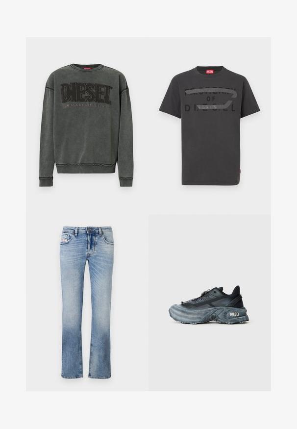 Kulgrå sweatshirt med lange ærmer, ribbede manchetter og kant, prydet med stor sort "DIESEL" tekst og mindre "For Successful Living" nedenunder.; Grå bomulds-T-shirt med fed sort tekst, der lyder "PROPERTY OF D.I.E.S.E.L.", med en glat tekstur og korte ærmer.; Lyseblå denim jeans med lige ben-design, der har frontlommer, lynlås og subtile falmninger i stoffet.; Sort og grå Diesel sneakers med tyk sål, snørrebåndslukning og tekstureret design på en ensfarvet lysegrå baggrund.