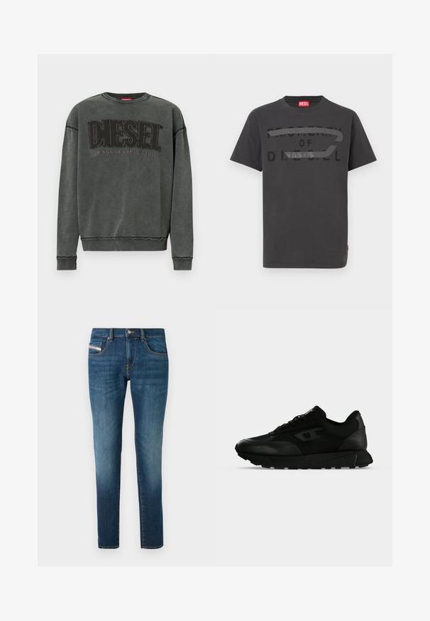 Kulgrå sweatshirt med lange ærmer, ribbede manchetter og kant, prydet med stor sort "DIESEL" tekst og mindre "For Successful Living" nedenunder.; Grå bomulds-T-shirt med fed sort tekst, der lyder "PROPERTY OF D.I.E.S.E.L.", med en glat tekstur og korte ærmer.; Mørkeblå denim jeans med en let falming, lige ben-design, fem lommer og kontrasterende syninger.; Sort lavtop sneakers med tekstureret læder og stofpaneler, snørelukning og tyk gummisål på en ensfarvet lys baggrund.