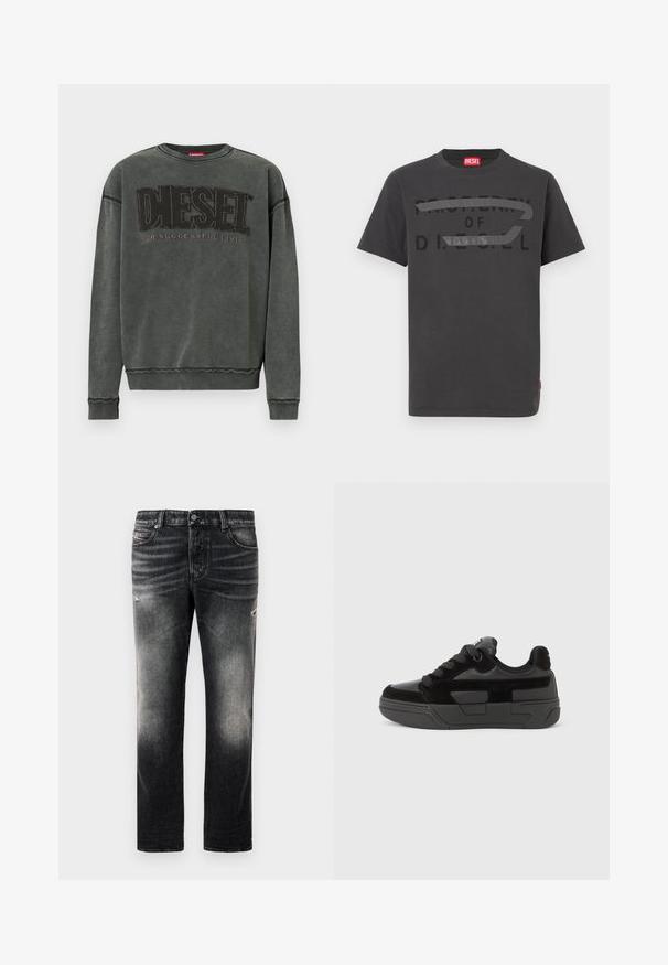 Hematietgrijze sweatshirt met lange mouwen, ribgebreide boorden en onderrand, met grote zwarte tekst "DIESEL" en daaronder kleinere tekst "For Successful Living".; Grijze katoenen t-shirt met vetgedrukte zwarte tekst "EIGENDOM VAN D.I.E.S.E.L.", met een gladde textuur en korte mouwen.; Zwarte jeans met een vervaagde afwerking en versleten accenten, standaard vijf-pocket ontwerp en een ritssluiting. Gemaakt van denimstof.; Zwarte sneaker met een mix van gladde en gestructureerde materialen, voorzien van een afgeronde neus, dikke zool en vetersluiting. Minimalistisch ontwerp met accenten.