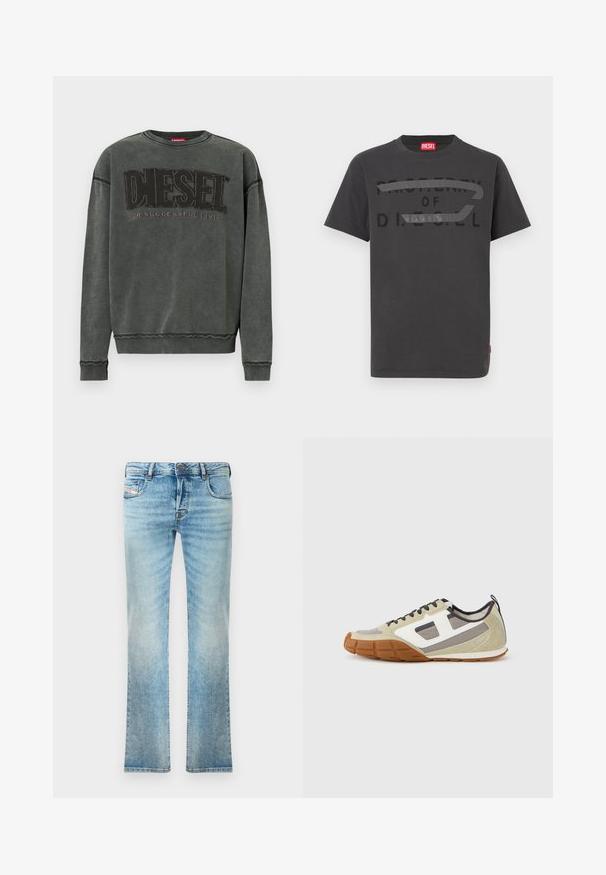 Kulgrå sweatshirt med lange ærmer, ribbede manchetter og kant, prydet med stor sort "DIESEL" tekst og mindre "For Successful Living" nedenunder.; Grå bomulds-T-shirt med fed sort tekst, der lyder "PROPERTY OF D.I.E.S.E.L.", med en glat tekstur og korte ærmer.; Lysblå denimjeans med lige ben, femlommesdesign og let slid. Inkluderer metalknap og lynlås lukning.; Athletiske sneakers med beige overdel med grå og hvide accenter, tekstureret ruskind og mønstret gummisål. Brune skosnørebånd og en trækflig medfølger.
