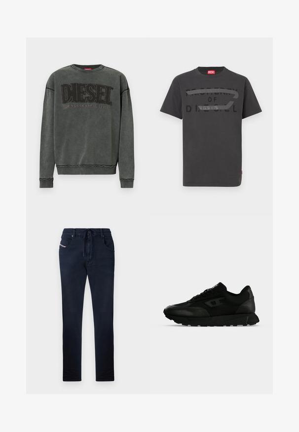 Sudadera de manga larga en gris carbón con puños y dobladillo acanalados, que presenta un gran texto negro "DIESEL" y debajo, en menor tamaño, "For Successful Living".; Camiseta de algodón gris con texto negro en negrita que dice "PROPIEDAD DE D.I.E.S.E.L.", textura suave y mangas cortas.; Pantalones azul marino con cintura ajustable, corte recto, dos bolsillos frontales y un sutil detalle de logo en el bolsillo izquierdo. Textura suave.; Zapatilla negra de corte bajo con piel texturizada y paneles de tela, cierre de cordones y suela gruesa de goma sobre un fondo claro y liso.