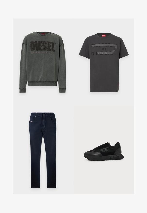 Sudadera de manga larga en gris carbón con puños y dobladillo acanalados, que presenta un gran texto negro "DIESEL" y debajo, en menor tamaño, "For Successful Living".; Camiseta de algodón gris con texto negro en negrita que dice "PROPIEDAD DE D.I.E.S.E.L.", textura suave y mangas cortas.; Pantalones azul marino con cintura ajustable, corte recto, dos bolsillos frontales y un sutil detalle de logo en el bolsillo izquierdo. Textura suave.; Zapatilla negra de corte bajo con suela texturizada, parte superior de malla y cuero, cierre de cordones en la parte delantera y un pequeño logo en relieve en el panel lateral.