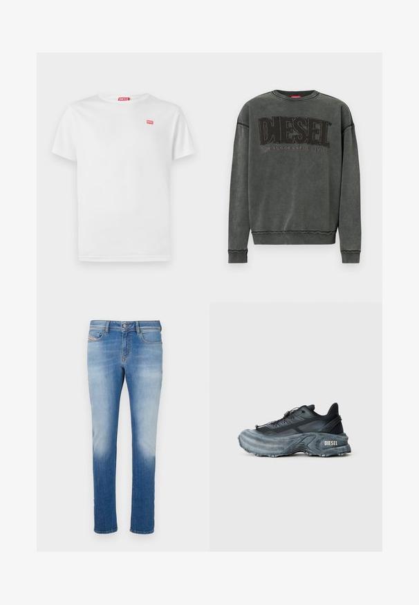 Sudadera de manga larga en gris carbón con puños y dobladillo acanalados, que presenta un gran texto negro "DIESEL" y debajo, en menor tamaño, "For Successful Living".; Camiseta blanca de algodón con mangas cortas y escote en V. Presenta un pequeño logo rojo de Diesel en el lado izquierdo del pecho. Textura suave, ajuste estándar.; Vaqueros de mezclilla azul con un diseño tapered, con un lavado claro y desgastado, estilo clásico de cinco bolsillos y un cierre de botón en la cintura.; Zapatilla Diesel en negro y gris con suela gruesa, cierre de cordón y diseño texturizado sobre un fondo liso de color gris claro.