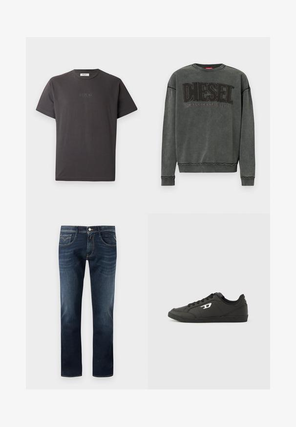 Kulgrå sweatshirt med lange ærmer, ribbede manchetter og kant, prydet med stor sort "DIESEL" tekst og mindre "For Successful Living" nedenunder.; Mørkegrå kortærmet bomulds-t-shirt med et diskret reliefprint af "REPLAY" logoet foran. Rund halsudskæring og afslappet pasform.; Mørkeblå denimjeans med et klassisk lige ben-design, der har fem lommer, en frontknaplukning og subtile syninger.; Sorte syntetiske sneakers med en struktureret sort sål, rund tå og flade sorte snørebånd. Fremtrædende hvidt logo på ydersiden.