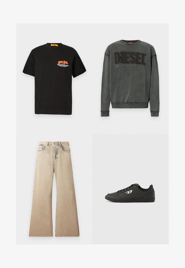 Sudadera de manga larga en gris carbón con puños y dobladillo acanalados, que presenta un gran texto negro "DIESEL" y debajo, en menor tamaño, "For Successful Living".; Camiseta de algodón negra con mangas cortas, que presenta un diseño gráfico de texto en naranja y blanco en la parte delantera. Cuello redondo, ajuste relajado.; Jeans de pierna ancha en color beige con textura desgastada, diseño de cinco bolsillos y detalles de costura a lo largo de las costuras. La cintura tiene un cierre tradicional con botón.; Zapatillas deportivas negras sintéticas con suela negra texturizada, puntera redonda y cordones planos negros. Destaca un logo blanco en el lateral exterior.