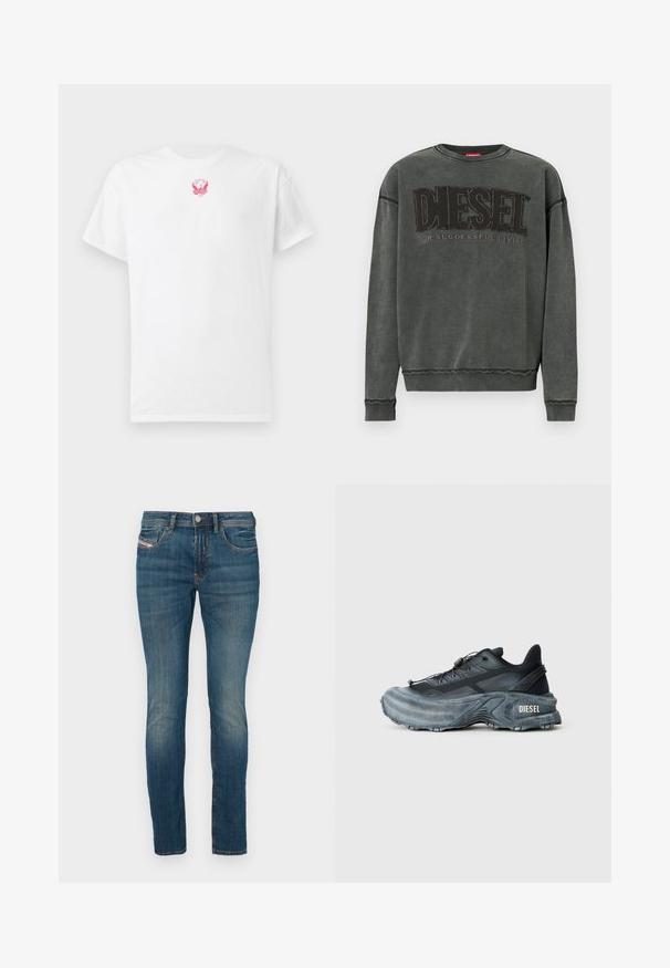Kulgrå sweatshirt med lange ærmer, ribbede manchetter og kant, prydet med stor sort "DIESEL" tekst og mindre "For Successful Living" nedenunder.; Hvid bomulds t-shirt med korte ærmer, rund hals og et lille pink broderet ørne-tryk på brystet. Blød tekstur.; Blå denim jeans med slim fit, der har knaplukning, klassisk fem-lomme design og let fading langs benene for et slidt udseende.; Sort og grå Diesel sneakers med tyk sål, snørrebåndslukning og tekstureret design på en ensfarvet lysegrå baggrund.
