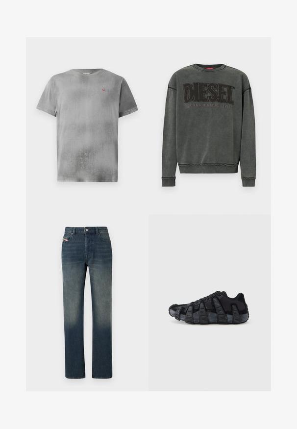 Sudadera de manga larga en gris carbón con puños y dobladillo acanalados, que presenta un gran texto negro "DIESEL" y debajo, en menor tamaño, "For Successful Living".; Camiseta gris de manga corta con un acabado texturizado. Presenta un pequeño logotipo rojo en el lado izquierdo del pecho. Cuello redondo simple y dobladillo recto.; Vaqueros de mezclilla azul de pierna recta con lavado desvanecido, cierre frontal con botón y cremallera, y diseño de cinco bolsillos.; Zapatilla negra con suela acanalada exagerada, diseño con cordones y parte superior de mezcla de textil y ante, vista desde el lado exterior sobre un fondo blanco.
