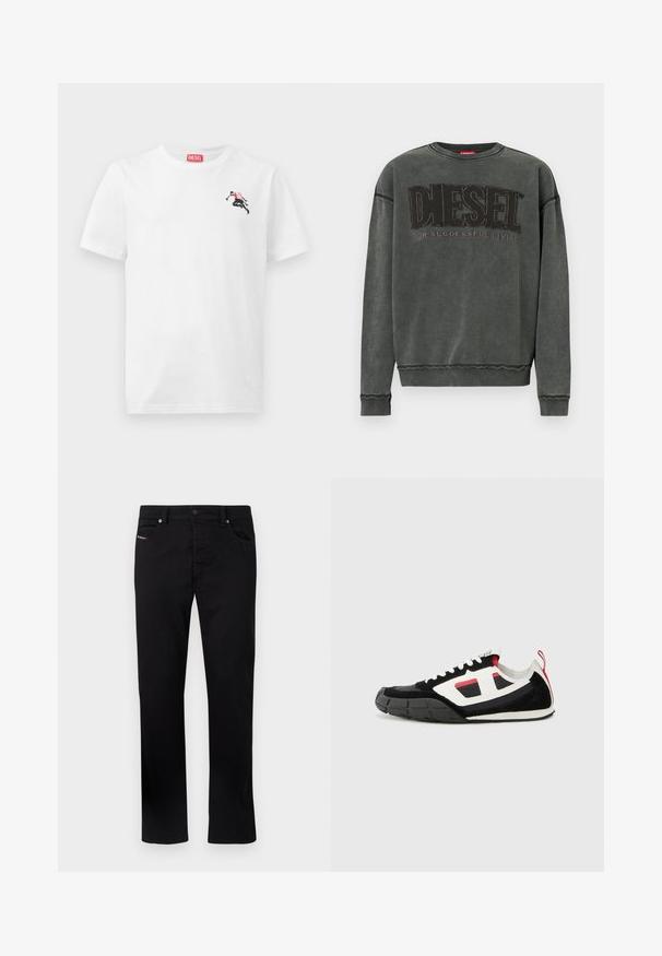 Kulgrå sweatshirt med lange ærmer, ribbede manchetter og kant, prydet med stor sort "DIESEL" tekst og mindre "For Successful Living" nedenunder.; Hvid bomulds-T-shirt med en lille sort og rød grafik på venstre bryst og et rødt logomærke ved halsudskæringen. Korte ærmer, rund hals.; Sorte denimbukser med lige ben-design, fem lommer og metalknaplukning. Har diskret syning på frontlommen.; Diesel S PAGODHA LOW - Sneakers - black