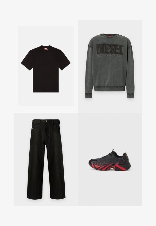 Sudadera de manga larga en gris carbón con puños y dobladillo acanalados, que presenta un gran texto negro "DIESEL" y debajo, en menor tamaño, "For Successful Living".; Camiseta de algodón negra con mangas cortas, cuello redondo y un pequeño logotipo en relieve en el pecho. Etiqueta de marca roja en el cuello.; Pantalones vaqueros anchos negros de mezclilla, con cierre de cremallera, cinco bolsillos y un logotipo sutil en el bolsillo frontal. Tejido duradero y texturizado.; Zapatilla deportiva negra y roja con parte superior texturizada con detalles en patrón, cierre de cordones y suela gruesa de goma.