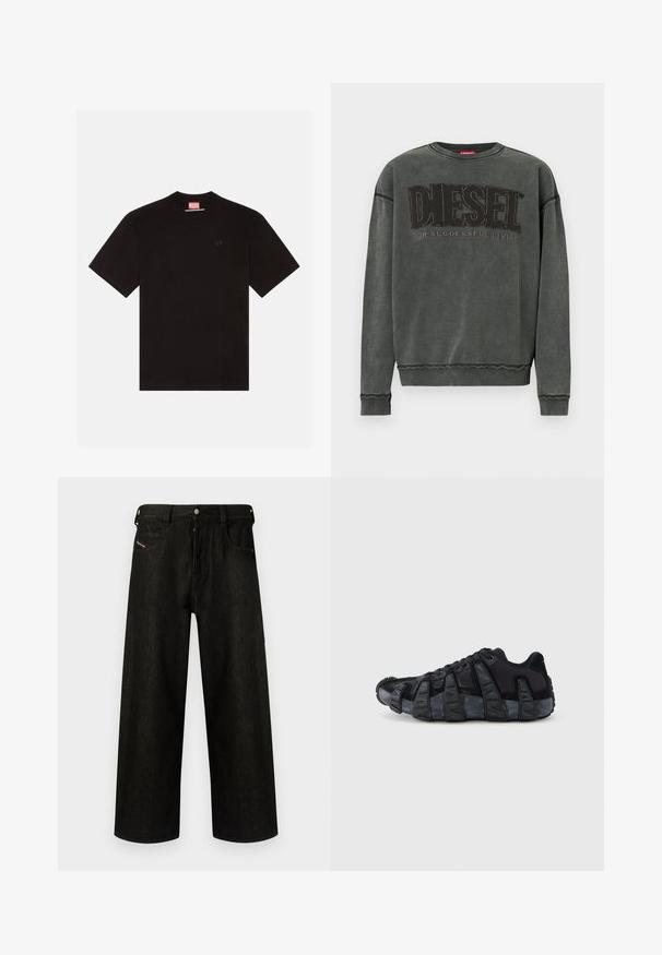 Hematietgrijze sweatshirt met lange mouwen, ribgebreide boorden en onderrand, met grote zwarte tekst "DIESEL" en daaronder kleinere tekst "For Successful Living".; Zwarte katoenen t-shirt met korte mouwen, ronde hals en een klein reliëflogo op de borst. Rode merklabel bij de hals.; Zwarte wijde spijkerbroek van denim, met een ritssluiting, vijf zakken en subtiele branding op de voorzak. Duurzame en gestructureerde stof.; Zwarte sneaker met een opvallende geribbelde zool, veterontwerp en een bovenwerk van gemengd textiel en suède, weergegeven vanaf de buitenkant op een witte achtergrond.