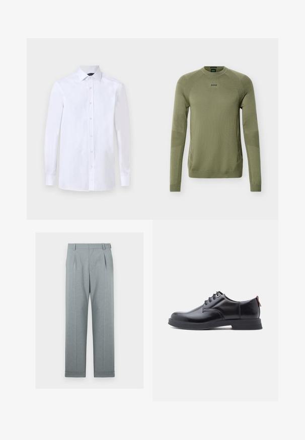 Pull en maille vert olive à manches longues avec col rond, poignets et ourlet côtelés, et logo "BOSS" sur la poitrine.; Chemise blanche à manches longues pour homme avec boutonnières devant et col pointu, présentée sur un fond uni.; Pantalons gris clair en tissu texturé avec un design à jambes droites, plis simples et ourlets retroussés. Apparence minimaliste et sur mesure.; Chaussures en cuir noir à lacets avec une texture lisse, un bout arrondi et des détails de couture discrets. Présentent une languette rouge à l'arrière.