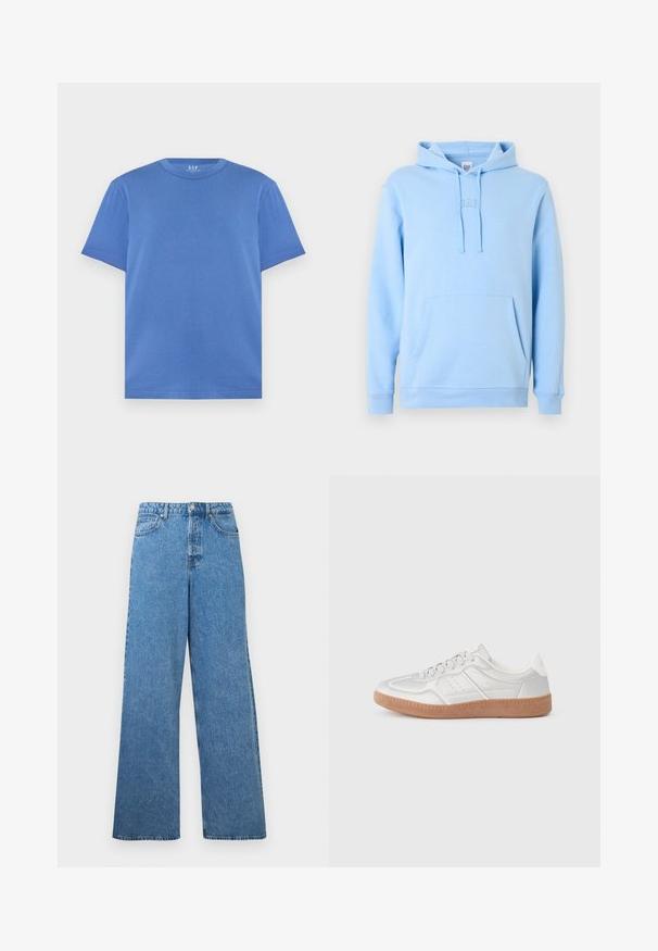 Sweat à capuche bleu clair en tissu doux mélange de coton. Comprend une poche kangourou, une capuche avec cordon de serrage, et un logo brodé subtil sur la poitrine.; T-shirt bleu uni à manches courtes et col rond, coupe régulière, présenté sur fond blanc.; Jean en denim bleu, taille haute, jambes larges, avec bouton frontal, fermeture éclair, passants pour ceinture, et poches à l'avant et à l'arrière.; Baskets argentées avec une texture lisse, un design à lacets, des accents perforés et une semelle en caoutchouc marron texturé.
