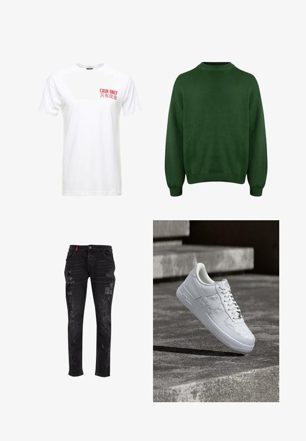 Groene gebreide trui met een hoge halslijn, verlaagde schoudernaden en geribde manchetten en zoom. Kenmerkt zich door een textuur, zacht stof.; Witte katoenen t-shirt met korte mouwen, met daarop in rode drukletters aan de linkerkant van de borst de tekst "CASH ONLY" en de Chinese vertaling ervan.; Zwarte denim jeans met verwerkte details, voorzien van verfranste patches, verfspatten, een klassieke vijf-pocket ontwerp en een rode accent op de tailleband.; Witte Nike Air Force 1 sneaker met gegraveerde sterrenpatronen en een metalen ster-veterbedel, zwevend boven een betonnen oppervlak.