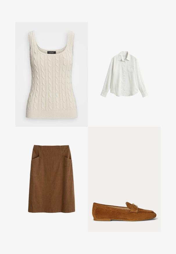 Débardeur en tricot léger avec motif en câble, encolure en scoop et bretelles larges. Ourlet côtelé en bas. Étiquette visible au niveau de l'encolure.; Chemise blanche boutonnée avec de fines rayures verticales, manches longues, une poche poitrine et un col pointu, posée à plat sur un fond blanc.; Jupe en coton brun avec une taille ajustée, deux poches latérales et une coupe droite. Le tissu a une texture douce et un subtil éclat.; Mocassin plat en daim marron avec un détail de boucle en métal doré sur le dessus et une semelle à petit talon.