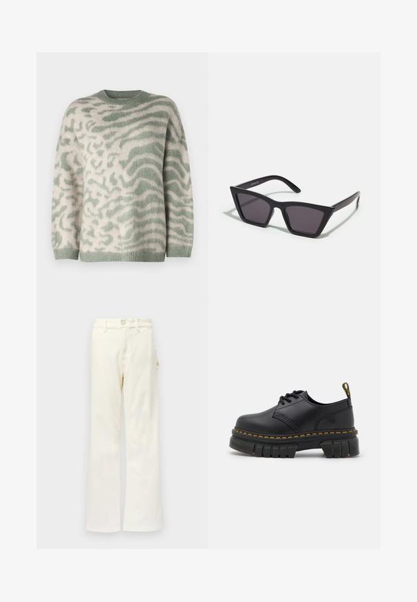 Pull en tissu doux avec une coupe décontractée. Il présente une couleur de base beige clair avec des motifs de vagues abstraites vertes et un col rond côtelé.; Good American GOOD 90S CARPENTER - Wide Leg - white denim; Chaussures en cuir noir avec une semelle épaisse et texturée. Les caractéristiques comprennent des coutures jaunes, un bout arrondi et une languette à l'arrière.; Lunettes noires angulaires avec des verres gris ; fabriquées en plastique, avec des branches épaisses à la surface lisse et sans matériel visible.