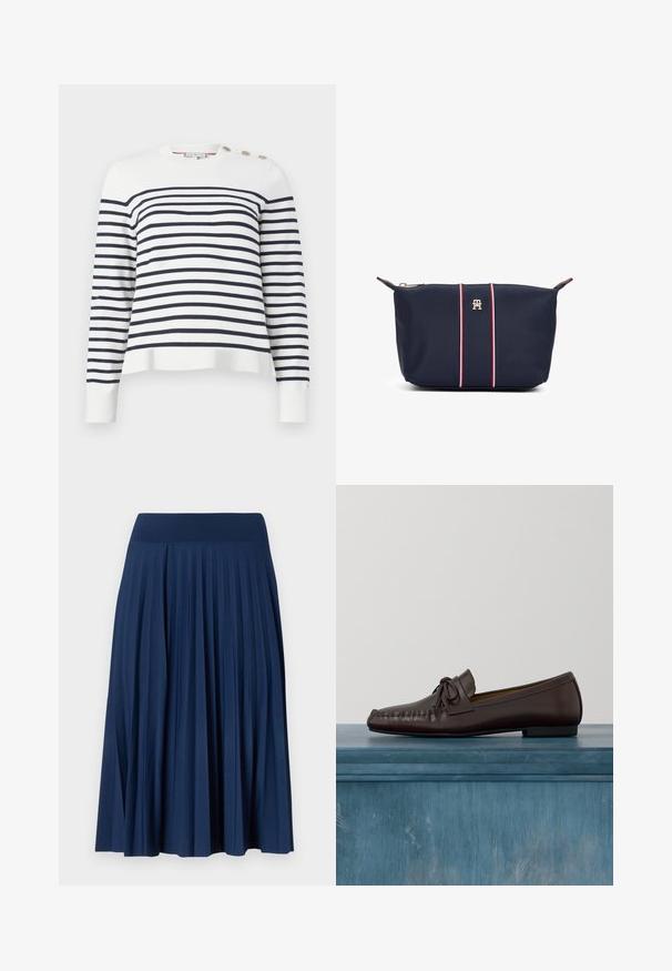 Pull rayé blanc et marine avec un col rond, des manches longues et des accents de boutons sur l'épaule. Texture en tricot, coupe décontractée.; Jupe plissée bleu marine avec une large ceinture, fabriquée en tissu doux. Présente des plis verticaux pour une texture et un mouvement fluide.; Mocassins en cuir marron avec un bout arrondi, un détail de nœud et des surpiqûres décoratives le long du devant. Semelle plate en caoutchouc noir.; Pochette en tissu bleu marine avec un logo doré, arborant deux bandes rouges et blanches verticales au centre, et une fermeture éclair.