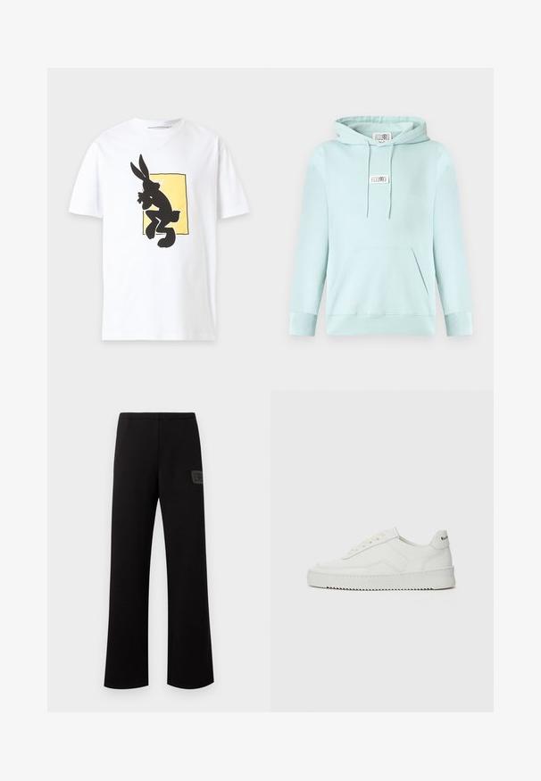 Sweat à capuche vert menthe clair en tissu doux, avec une poche kangourou centrale, des poignets et un ourlet côtelés, et une petite étiquette sur la poitrine.; T-shirt blanc à manches courtes avec la silhouette noire d'un lapin de dessin animé dans un carré jaune au centre devant.; Pantalon noir à jambes droites avec ceinture élastique et petit patch logo rectangulaire sur la cuisse droite.; Baskets en cuir blanc avec une finition lisse, bout arrondi, lacets plats et semelle texturée. Présente un logo discret sur le talon.