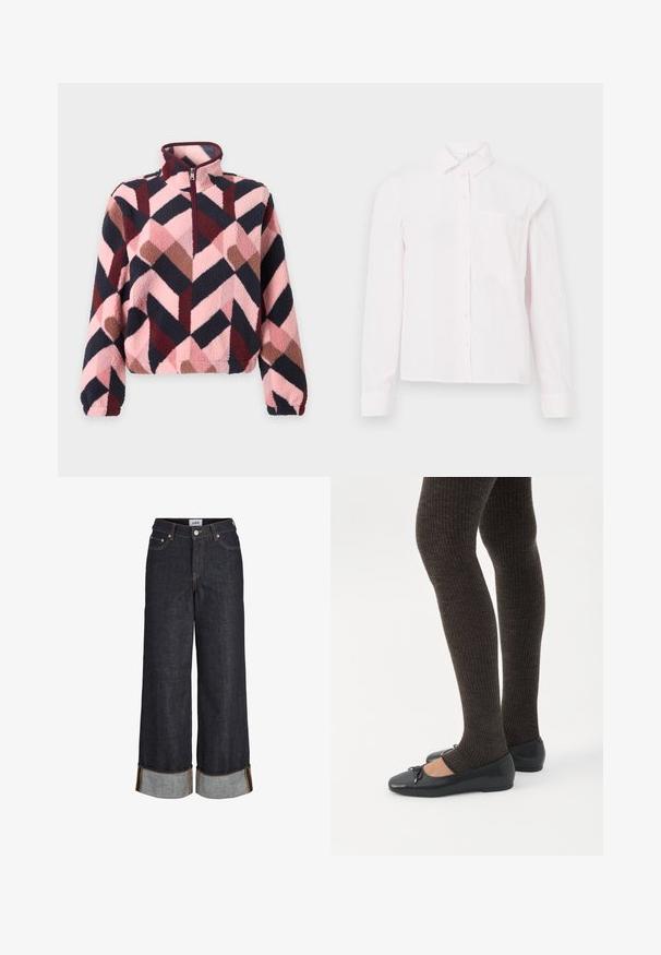 Pehme pullover kõrge kaeluse ja poole lukuga, millel on geomeetriline chevron-muster roosa, burgundi, pruuni ja musta värviga.; Hele roosa pikakäisekandega särg, millel on krae ja üks rinna tasku, esitatud valge tausta peal.; Tumed sinised laia säärega teksad, millel on mansetiga ääred, viis taskut ja kollase kontrastõmblus.; Jalad seljas tumedad soonelises soonelises kombines mustade baleriinadega, millel on väikesed paelade detailid valgel taustal.