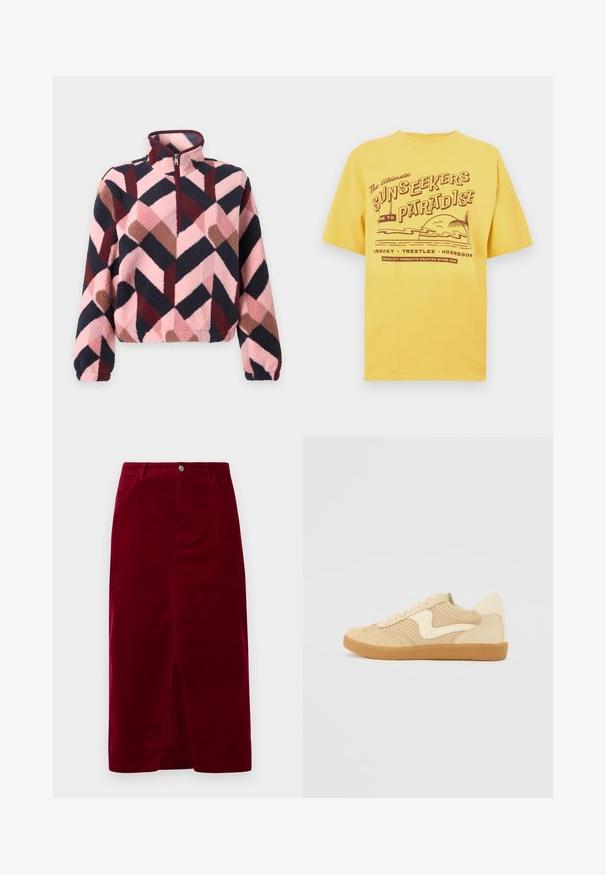 Blød trøje med høj krave og halv lynlås med geometrisk chevronmønster i pink, bordeaux, brun og sort.; Gul bomulds-t-shirt med et grafisk design og teksten "Sunseekers Paradise" samt strandelementer. Kortærmet med rund halsudskæring.; Bordeaux kordfløjl nederdel med lige pasform, frontslids, bæltestropper og to lommer, med en frontknaplukning.; Beige sneakers med ruskind og mesh-materialer, rund form, fremtrædende polstret krave og en gummikondisko. Har et bølge-design som accent.