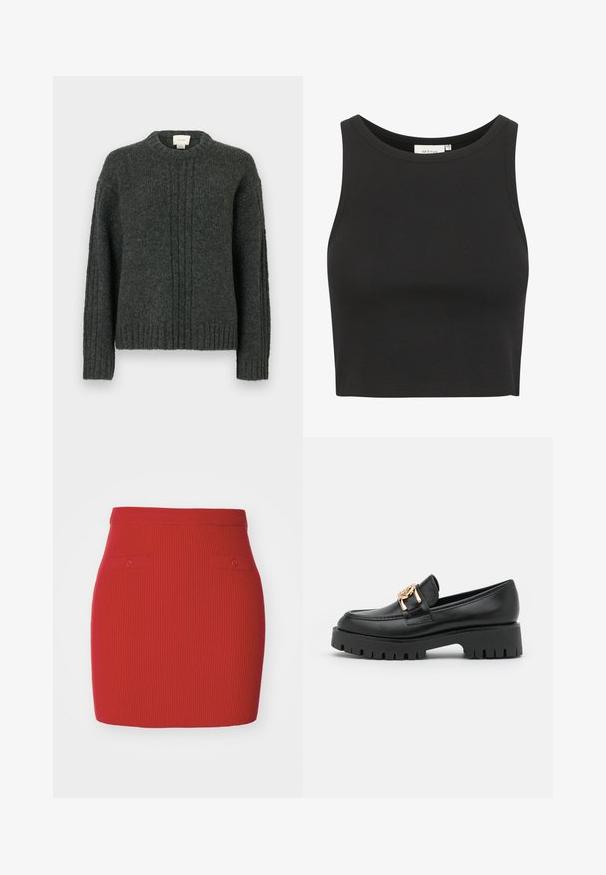 Pull en tricot gris foncé avec un col rond, des poignets et un ourlet côtelés. Il présente des lignes texturées verticales sur le devant et est fabriqué dans un matériau doux et chaud.; Crop top noir côtelé en tissu stretch. Présente un col rond et un design sans manches, avec des bords propres et finis.; Jupe en tricot côtelé rouge au design ajusté, dotée de deux petites poches boutonnées à l'avant et d'une taille lisse.; Mocassin en cuir noir avec une semelle épaisse et un accent en métal doré ; présente un bout arrondi et des détails cousus le long de l'empeigne.