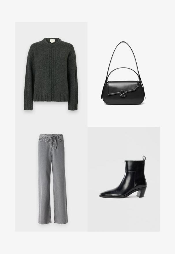 Jersey de punto gris oscuro con cuello redondo, puños y dobladillo acanalados. Presenta líneas texturizadas verticales en la parte delantera y un material suave y cálido.; Jeans anchos grises de mezclilla, con una cinturilla de cordón y dos bolsillos delanteros. La textura es suave, con un acabado ligeramente descolorido.; Botín de piel negra hasta el tobillo con punta afilada, tacón apilado geométrico y una lengüeta en la parte posterior. Textura suave y diseño elegante.; Bolso de hombro de cuero negro con una solapa curva asegurada por un broche metálico redondo y una correa delgada y ajustable.