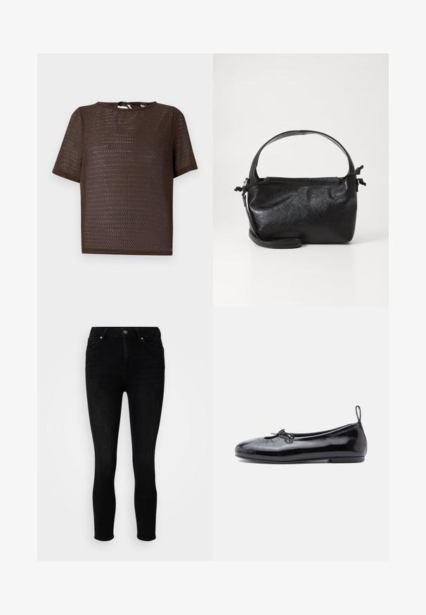 Lühikeste varrukatega pruun võrgust kudumiga top ümar kaelusega ja taga olev kaheosaline lipsu kinnis hele taust.; ONLY Petite ONLPOWER MID PUSH UP - Kitsa lõikega teksad - washed black; Mustmust musta balletking, ümarateo, väikese paelte detailiga ja siledat tekstuuri; omad madalat lapikut tallat ja tõmbluku pöidlal.; Must mustrikujundusega must nahast käekott, ümarate pealmiste käepidemete ja eemaldatava õlalihaga. Omab siledat tekstuuri ja peent sära.