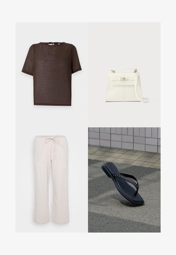 Lühikeste varrukatega pruun võrgust kudumiga top ümar kaelusega ja taga olev kaheosaline lipsu kinnis hele taust.; Heledad beežid, kerge kangaste püksid, elastse vöökoha ja kummipaelaga. Lahtine, laienev siluett koos peene tekstuuriga mustriga.; Mustad kaunistatud rihmadega plätu, mis ripub asfaldist kõnnitee kohal plaaditud seina ääres.; Valge nahast käekott struktureeritud kujuga, ülemise käepidemega, eemaldatava õlarihma ja hõbedase lukk-kinnitusega. Sile tekstuur, minimalistlik disain.